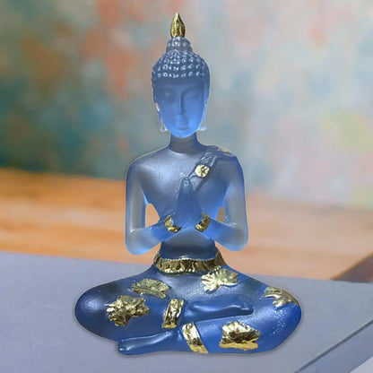 Statue de Bouddha Méditant en Verre Bleu et Or Hydravive